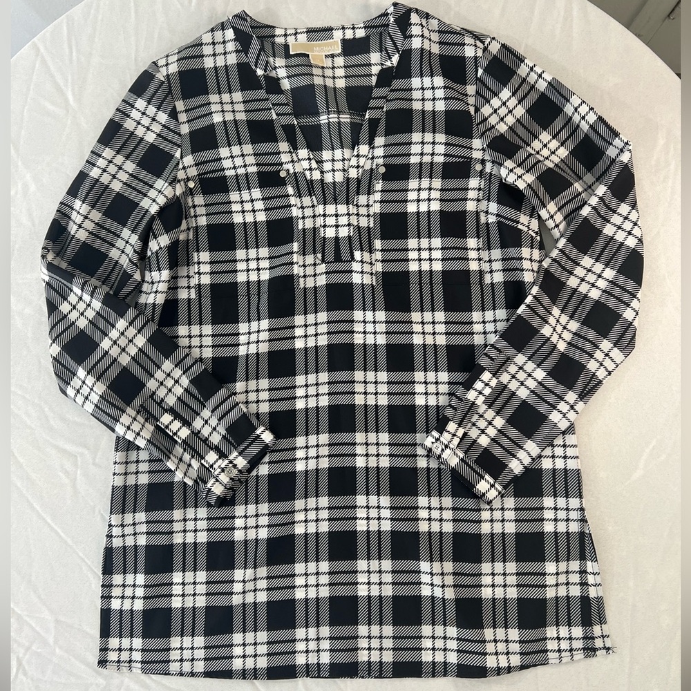 Michael Kors Black White Plaid Blouse Size M Classic Chic Top